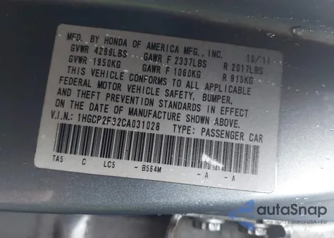 2012 Honda Accord Sdn 2.4 Lx из США, поврежденный, VIN 1HGCP2F32CA031028